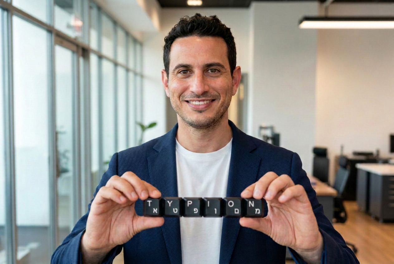 Eli Elad Cohen, founder of Typion, holding keycap letters spelling TYPION